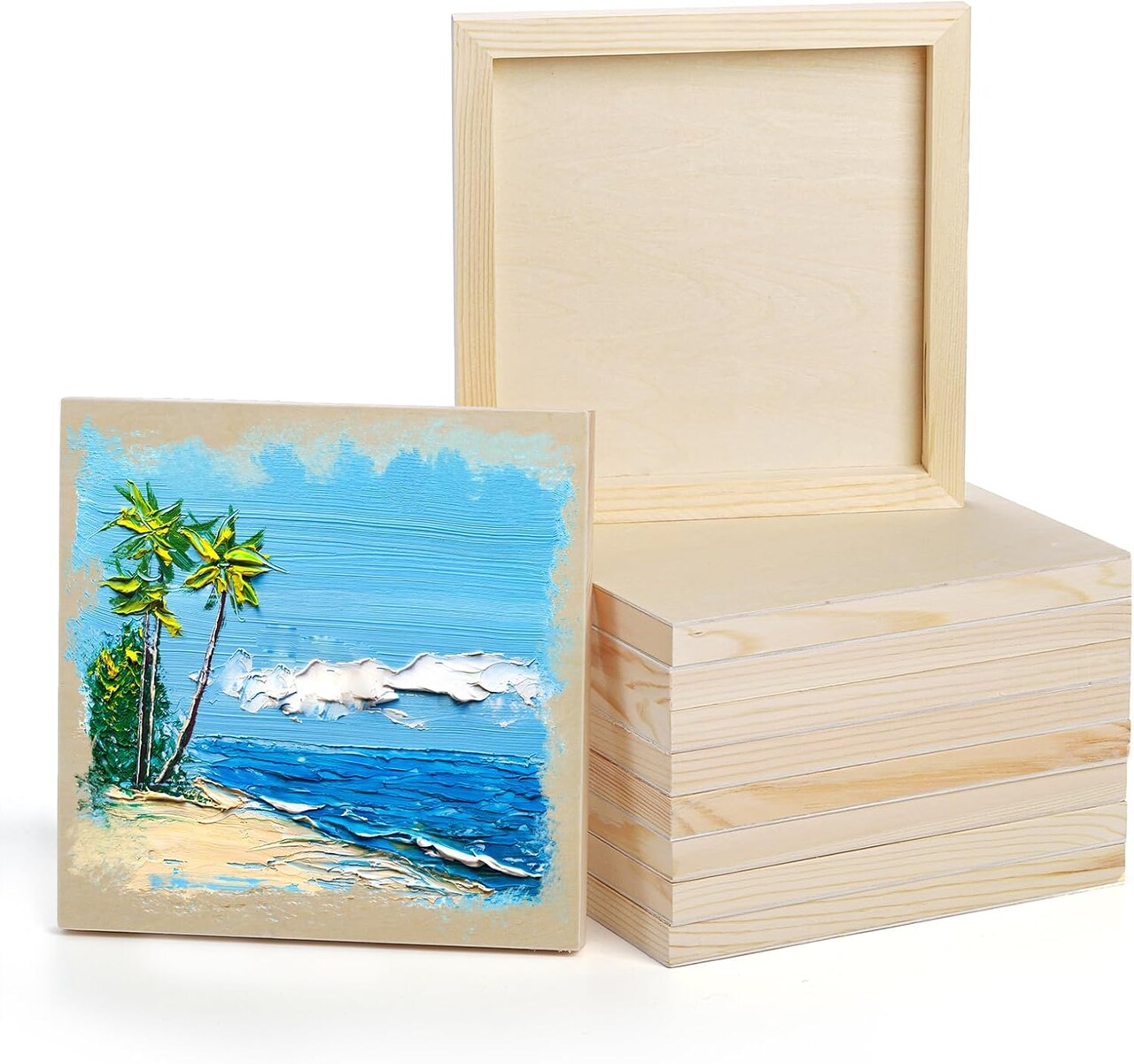 10 Pack Unfinished Wood Panels, 8 x 8 Inches Birch Wooden Cradled Painting Panel Canvas Boards for Watercolor, Arts and DIY Crafts, Easel Display, Use with Oils, Acrylics